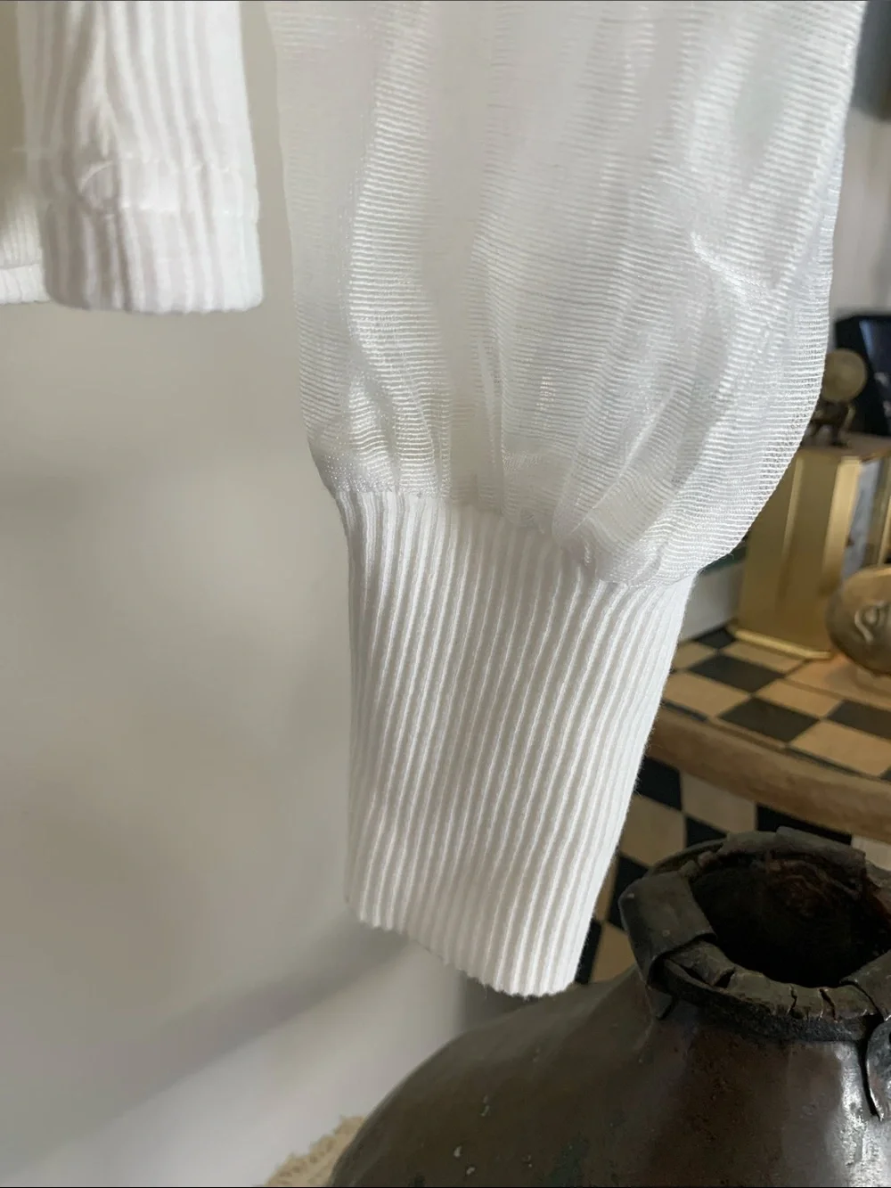 Anthropologie White Ribbed Top with Sheer Puff Sleeves Size L Never Worn